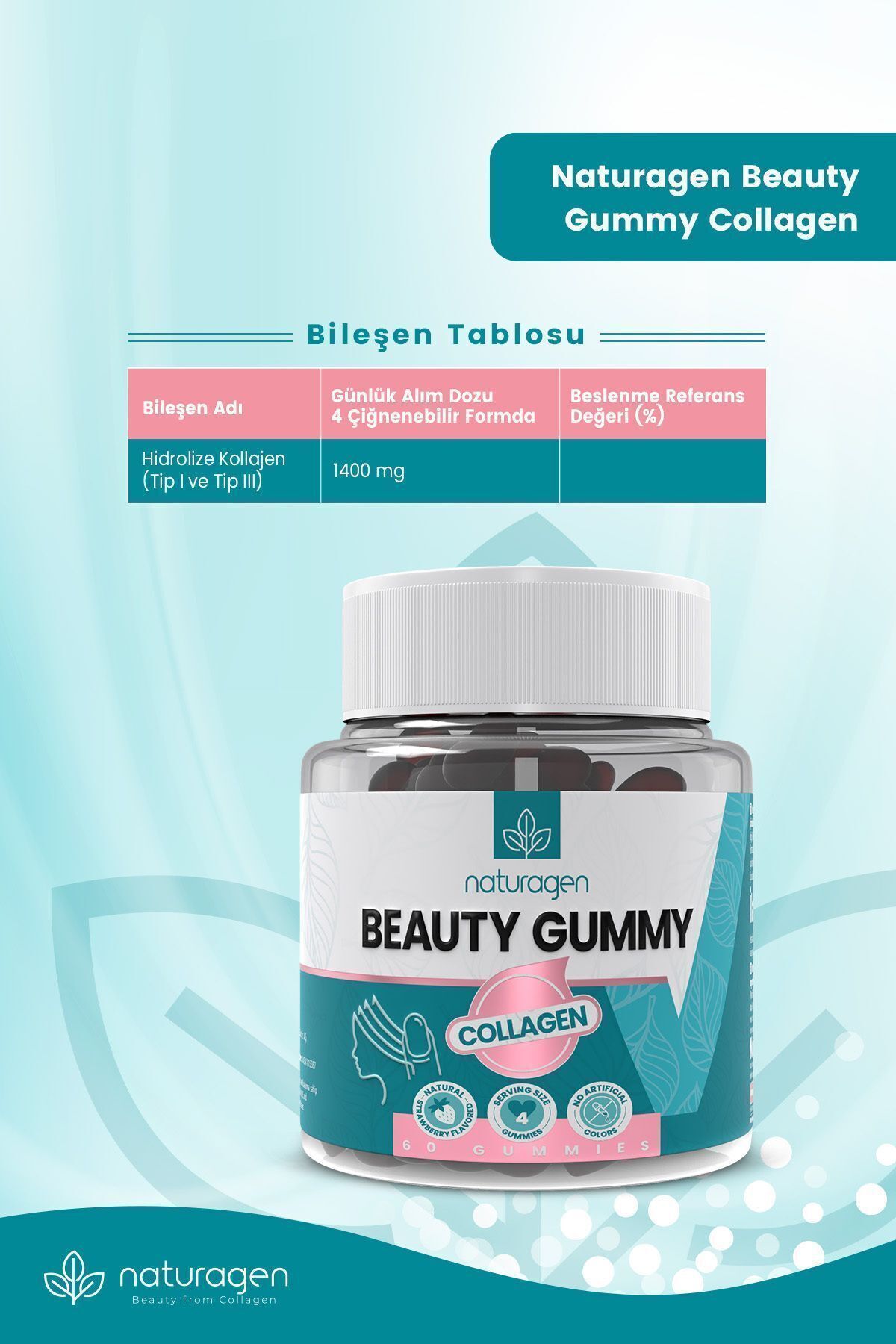 پاستیل جویدنی کلاژن تیپ 1و3 Naturagen - بسته 60 عددی