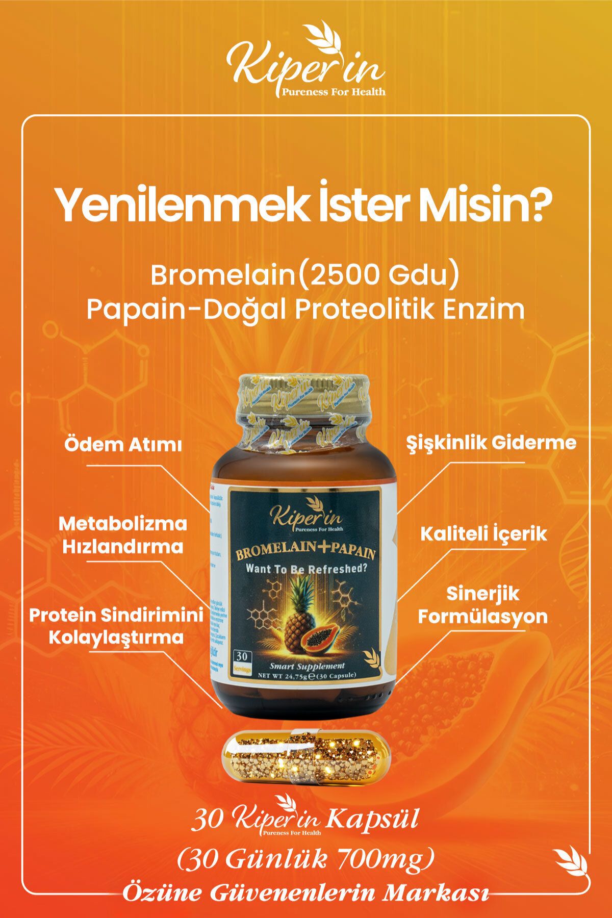 کپسول بروملین و پاپائین Kiperin - بسته 30 عددی